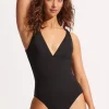 Seafolly Active V Neck Swimsuit Black Outlet