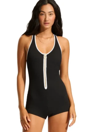 Seafolly Beach Bound Retro Boyleg Swimsuit Black New
