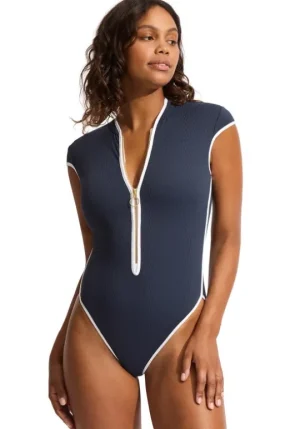 Seafolly Beach Bound Zip Front Swimsuit Navy Discount