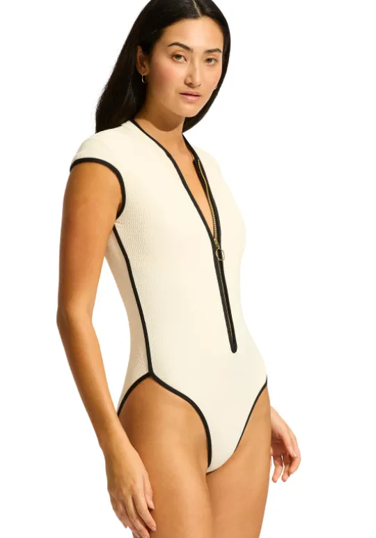 Seafolly Beach Bound Zip Front Swimsuit Ecru Clearance