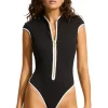 Seafolly Beach Bound Zip Front Swimsuit Black Outlet