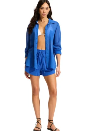 Seafolly Crinkle Beach Shorts Azure New