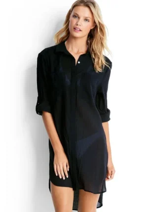 Seafolly Crinkle Twill Beach Shirt Black Online