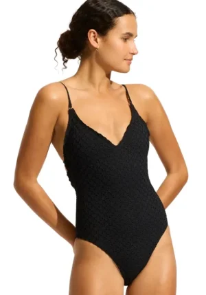 Seafolly Daydreamer V Neck Swimsuit Black Outlet