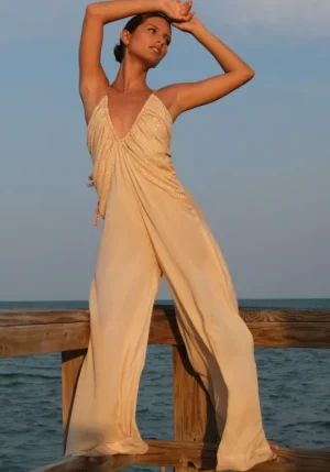 Pitusa Goddess Ruched Jumpsuit Melon Hot