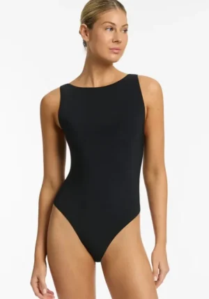 JETS Swimwear Jetset High Leg Tank Swimsuit Black New