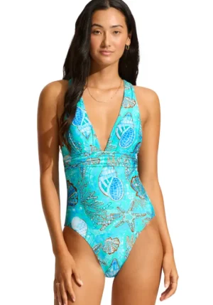 Seafolly La Mer Cross Back Swimsuit Blue Clearance