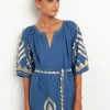 Greek Archaic Kori Maxi Kaftan with Feather Embroidery Indigo New
