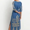 Greek Archaic Kori Maxi Kaftan with Feather Embroidery Indigo New