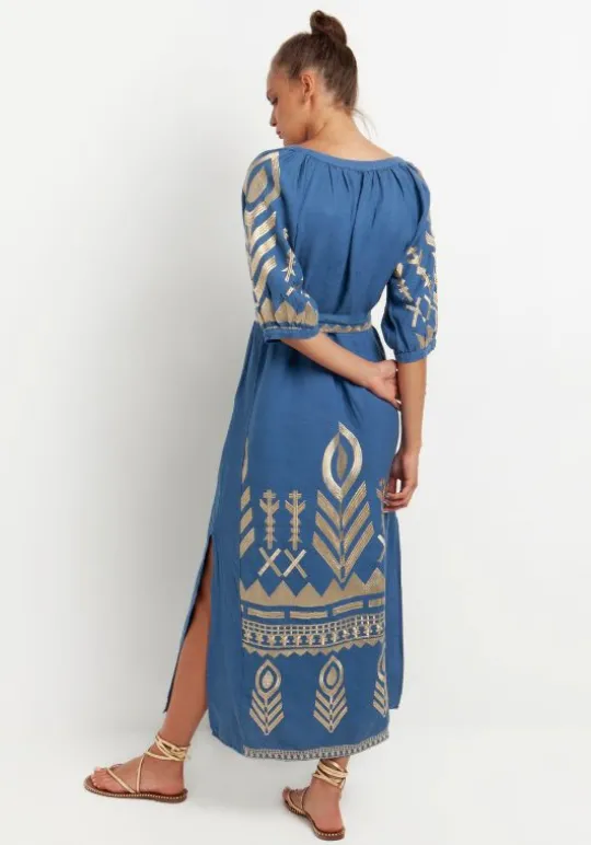 Greek Archaic Kori Maxi Kaftan with Feather Embroidery Indigo New