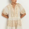 Greek Archaic Kori Mini Dress with Triangle Embroidery Natural Outlet