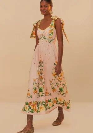 Farm Rio Pink Botanical Beauty Laces Midi Dress BotanicalBeautyPink Sale
