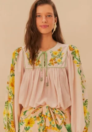 Farm Rio Pink Botanical Beauty Long Sleeve Blouse BotanicalBeautyPink Outlet