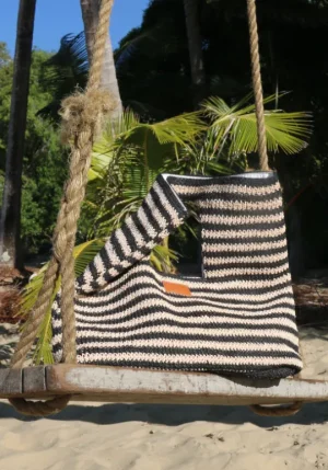 Seafolly Raffia Stripe Basket Bag Natural/Black Hot