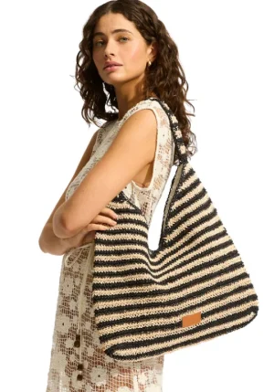 Seafolly Raffia Stripe Tote Natural/Black Outlet