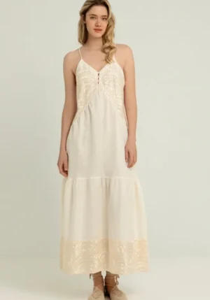 Greek Archaic Kori Triangle Strappy Maxi Dress Natural White/Gold Discount